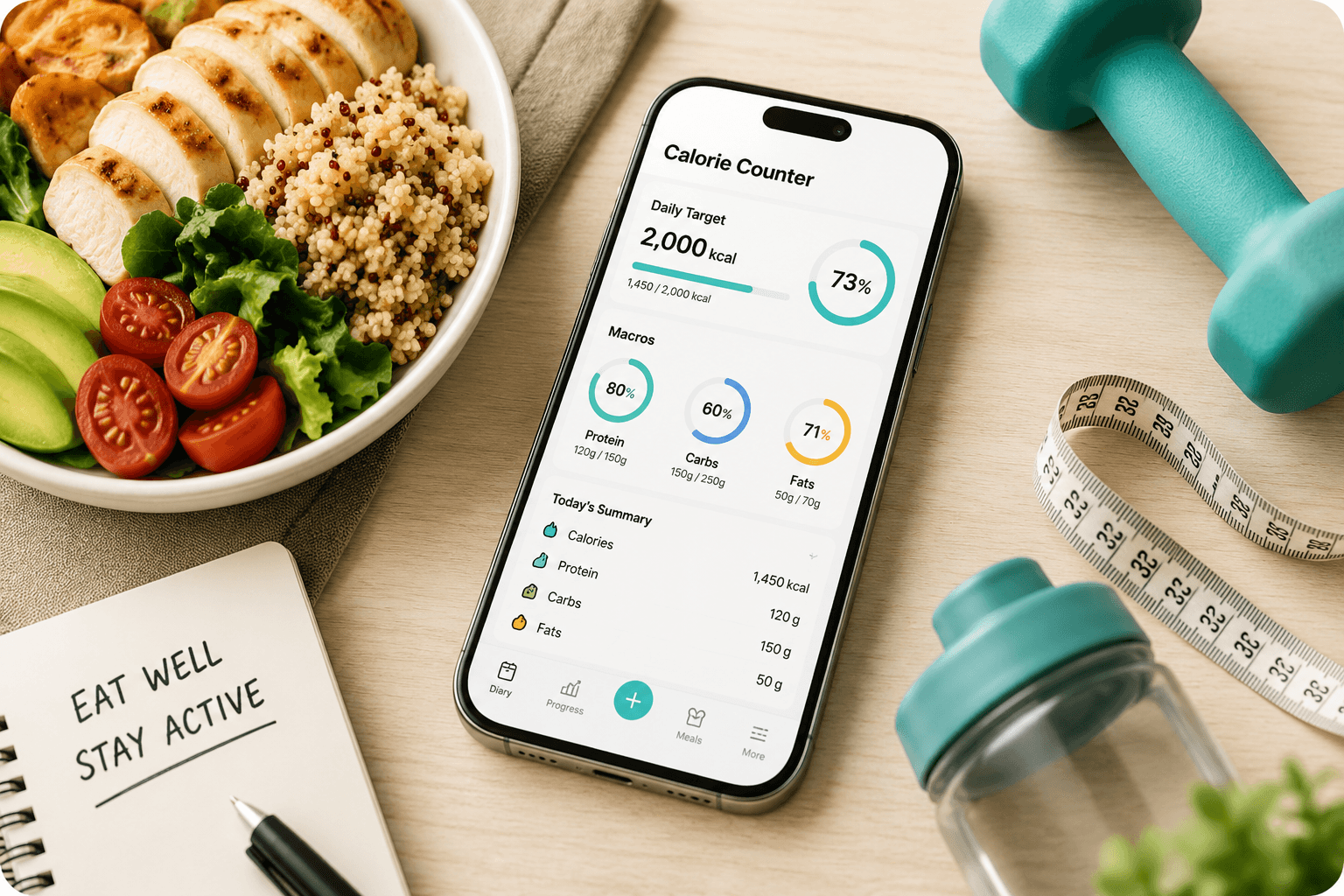 Phone showing BusyBody calorie counter with macros beside a healthy meal