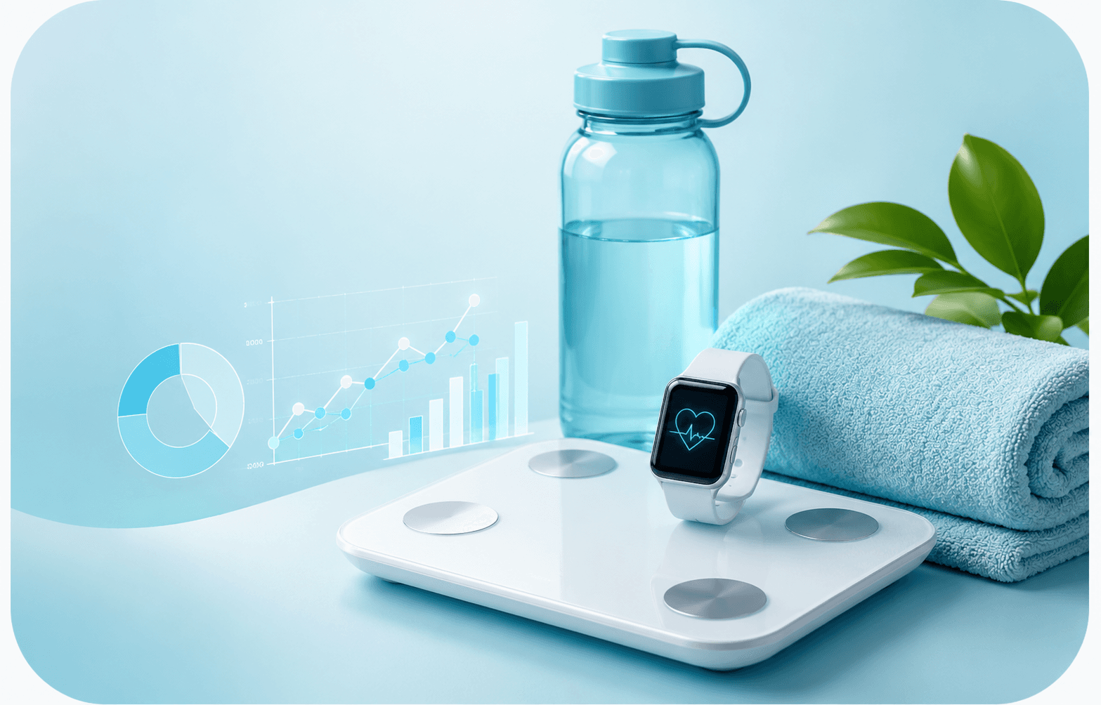 Phone showing BusyBody health calculator with BMI and hydration metrics